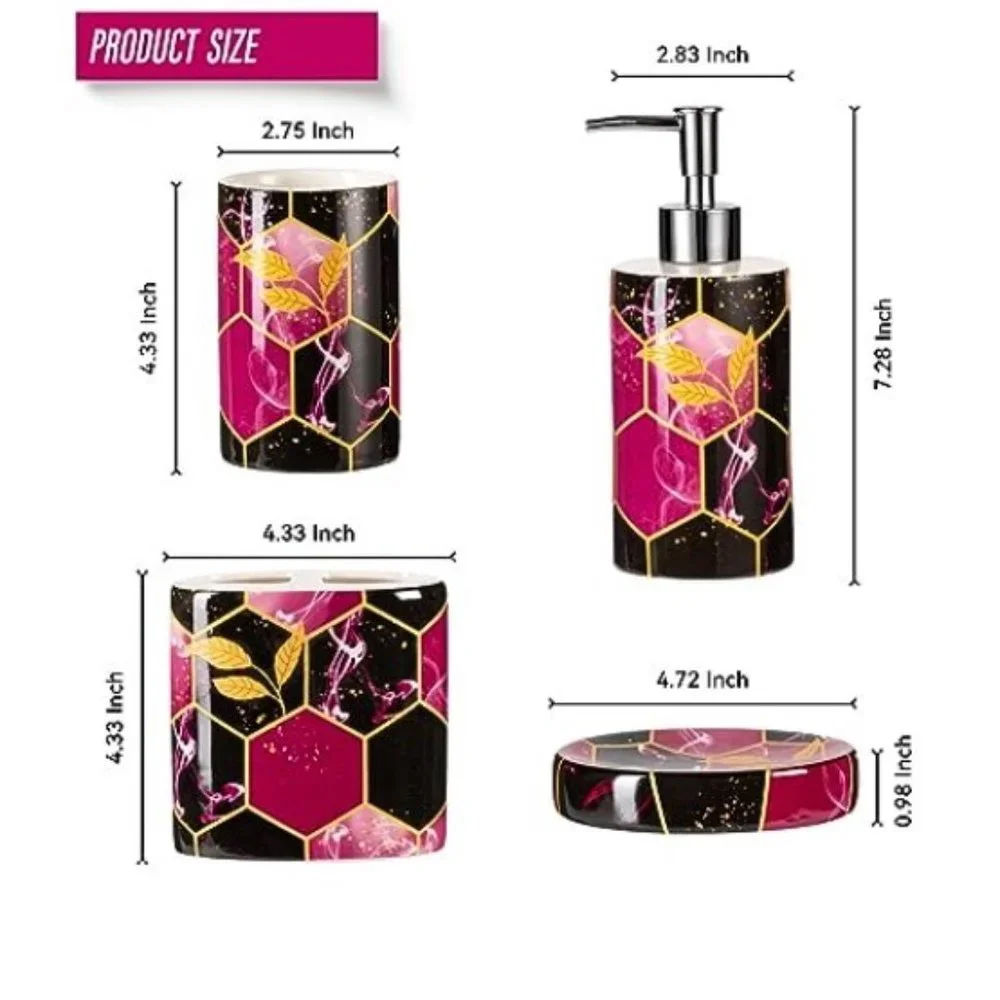 4 pc - Ceramic Bathroom Accessory Set - Purple/ Black/ Gold Honeycomb Design